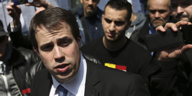 Member of the Belgian Parliament Laurent Louis speaks in front of a closed congress hall in Brussels