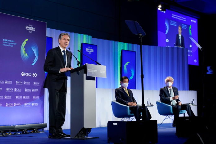 U.S. Secretary of State Blinken delivers a keynote address at the OECD Ministerial Council Meeting in Paris